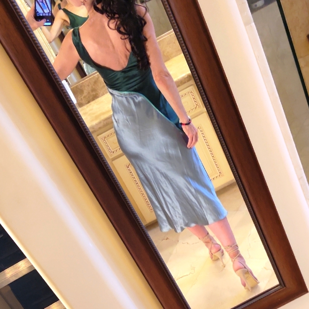 Lattelier 100% Silk Green/Gray  Sheath Midi Dress for Night Out w/ Front Slit, S - Picture 7 of 16